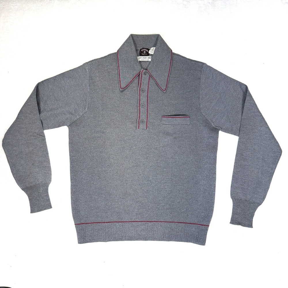 Trumpeter Polo Sweater Mens Medium Gray Pure Wool Knitted Long Sleeve Collared